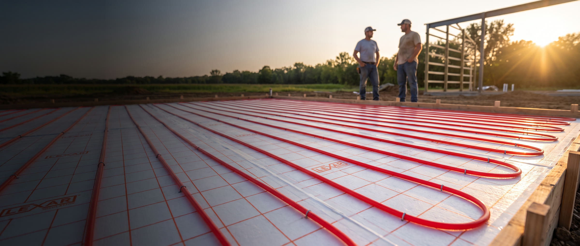 A finished pad of Lexar insulation with red PEX stapled along the printed grid, two contractors at the far edge at sunset