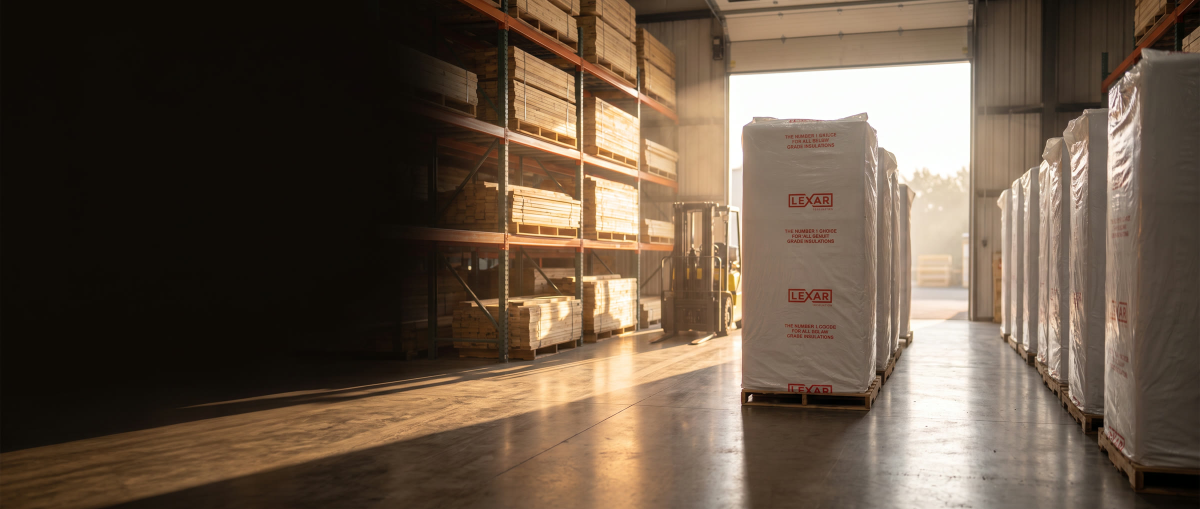 Wrapped bundles of Lexar insulation on pallets in a building supply warehouse